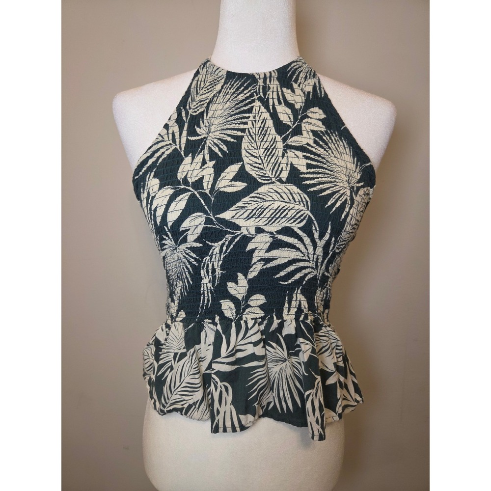 Tropical Botanical Halter Peplum Top Black Cream Smocked Tie Back Resort Y2K